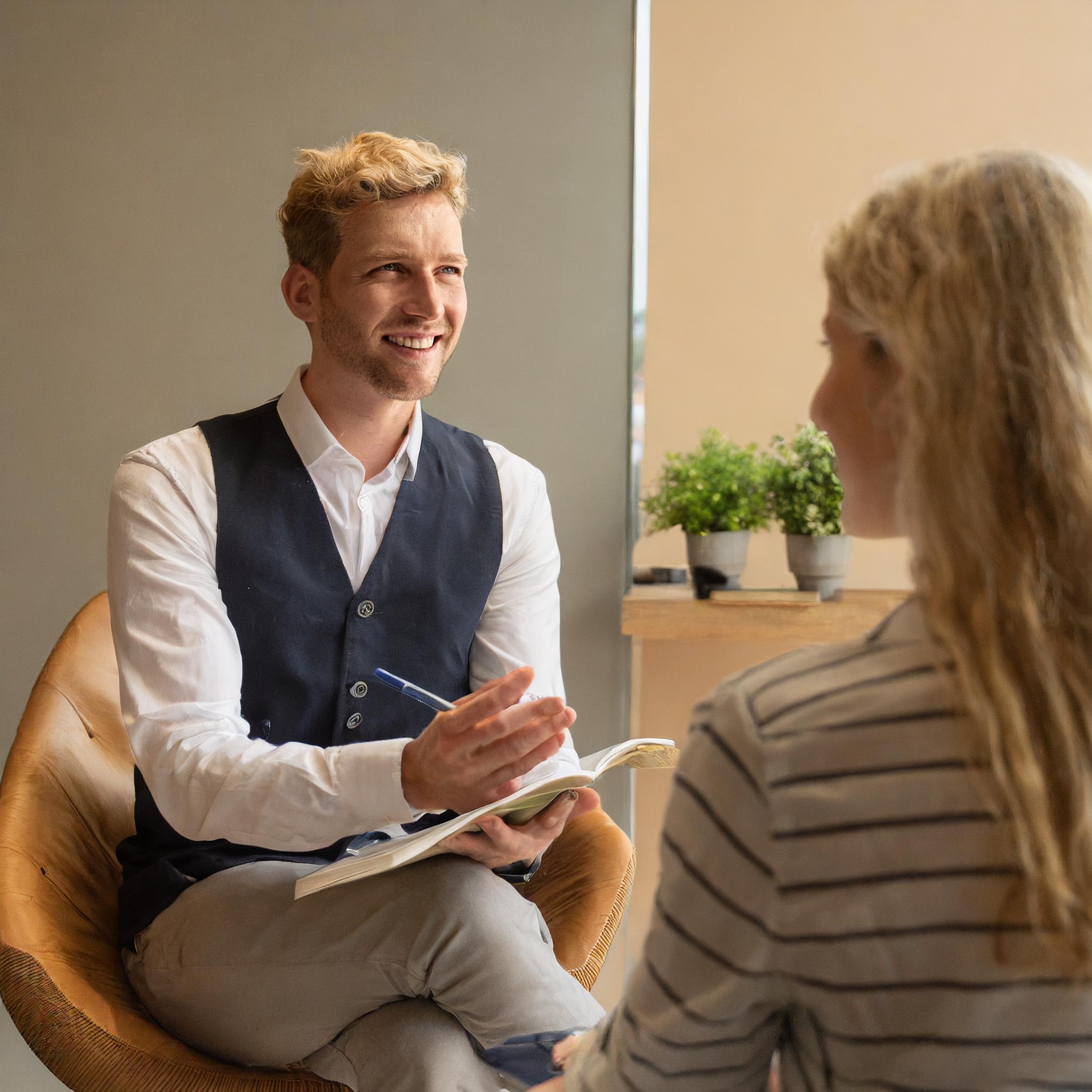 Junger Mann in einem steuerlichen Beratungsgespräch, aufmerksam